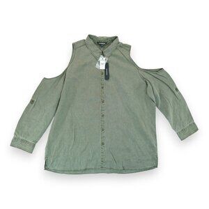 NWT Express Women’s Shirt Cold Shoulder Long Sleeve Olive Green Distressed Sz XL